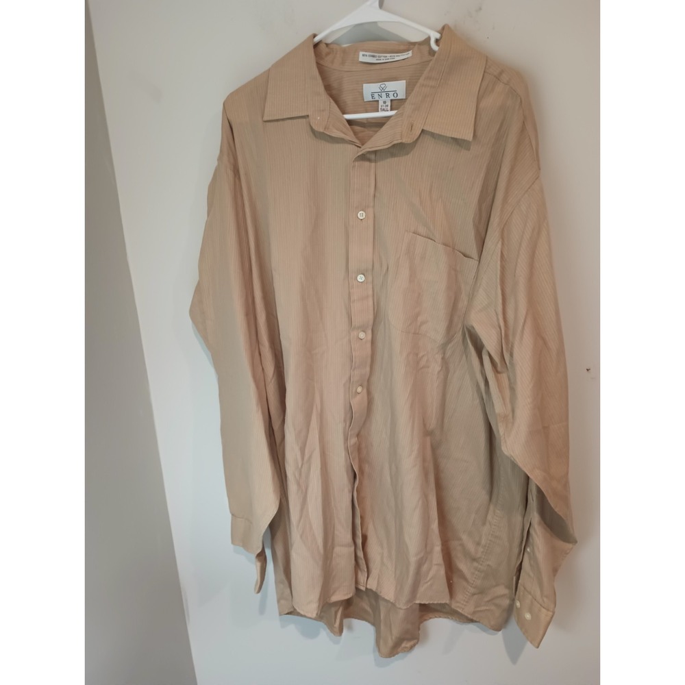 ENRO Mens Dress Shirt Sz 19 37 38 Tall Tan Beige Chevron Stripe Long Sleeve